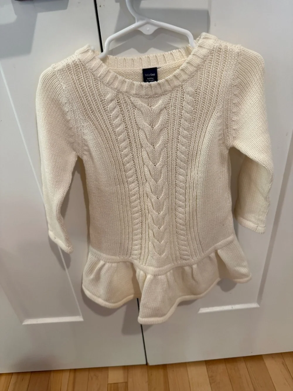 Baby Gap CableKnit Pullover Sweater Dress, Ivory, 18-24mo? Crew Neck, Ruffle Hem